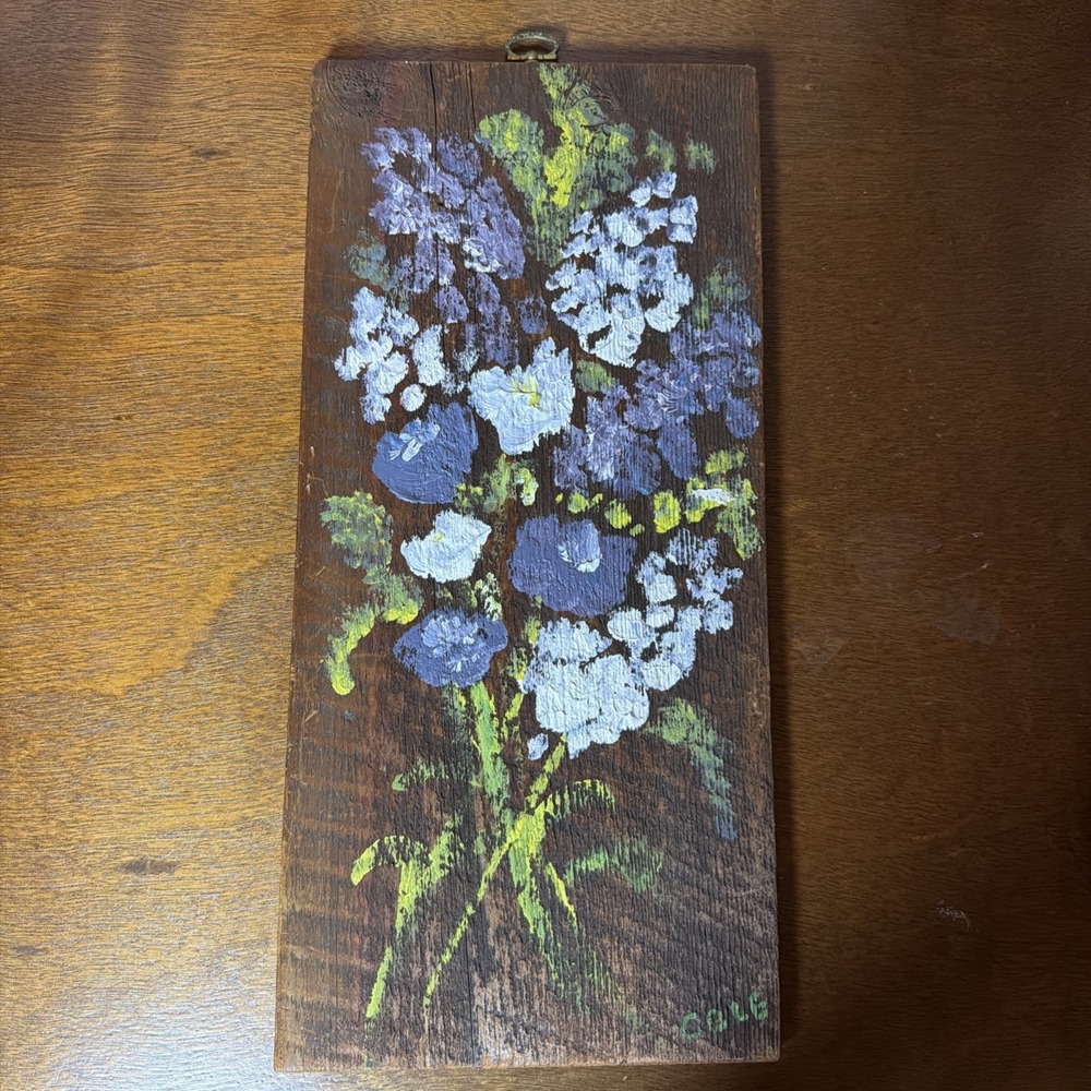 Vintage Hand Painted Purple Lilacs On Antique Barn Board Wall Hanging Signed